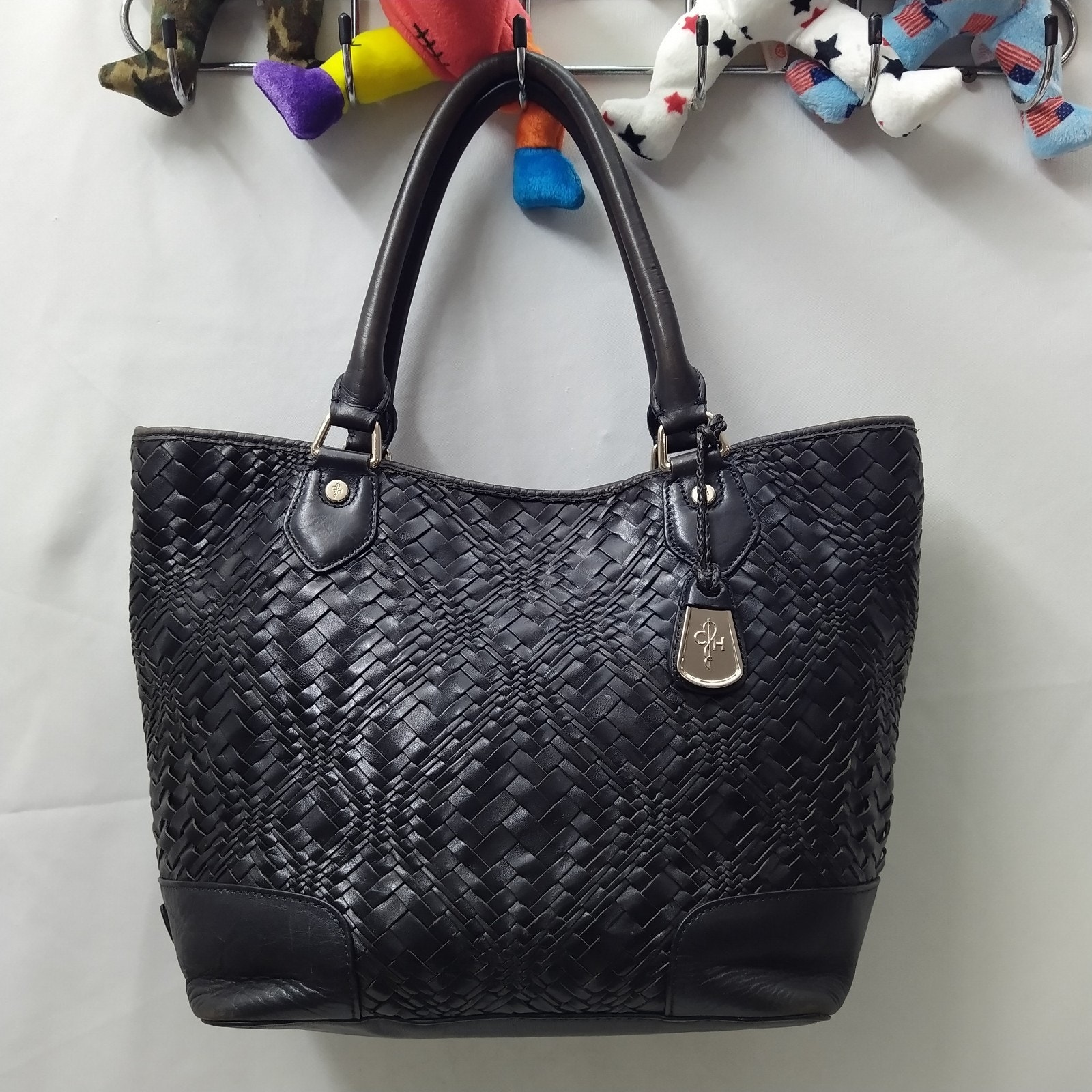 Cole Haan Black Woven Leather Double Handles Tote Bag